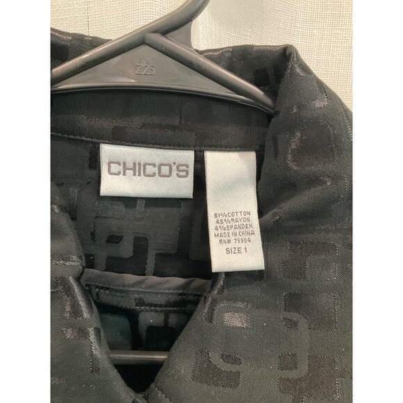 Chicos Black Button-Down Jacket Size 1 Geometric Pattern Long Sleeve Cotton/Span - Picture 3 of 4